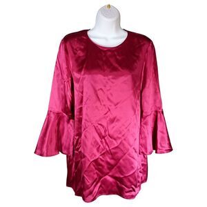 Lafayette 148 New York Blouse M Womens Red Button Casual Solid Silk Amaryllis